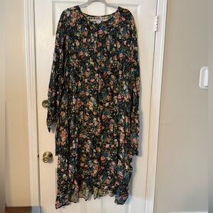 La Femme Black Floral Button-Front Midi Dress with Pink and Blue Blooms